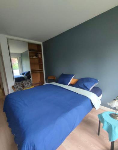 - une chambre bleue avec un grand lit et des oreillers bleus dans l'établissement Bord de Marne 20mn Paris centre et 20mn Eurodisney, à Nogent-sur-Marne