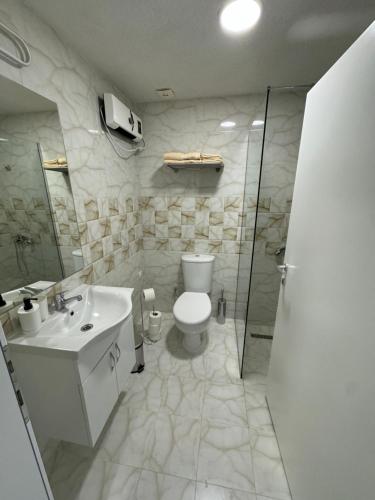 un bagno con WC, lavandino e doccia di NN Apartment 3 a Skopje