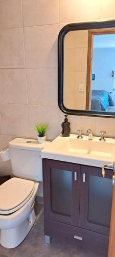 a bathroom with a toilet and a sink and a mirror at La Escondida in Valeria del Mar