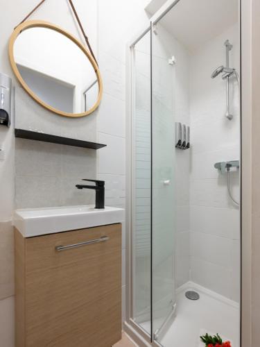 une salle de bain avec une douche, un lavabo et un miroir dans l'établissement La Petite Vienna - Vienna authentica, à Vienne