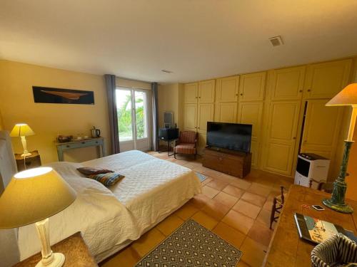 une chambre avec un lit et une télévision à écran plat dans l'établissement Villa L'usciata, à Pietrosella