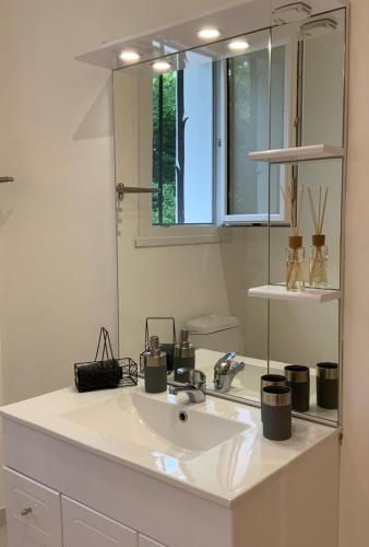 une salle de bain avec un lavabo et un miroir dans l'établissement Au Cœur des Acacias, à Lauzun
