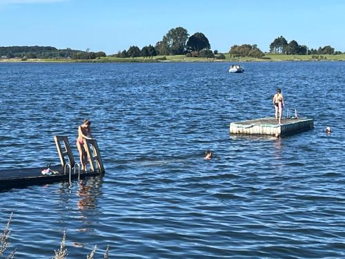 two people are standing on a dock in a lake at Villa Wiegand - a room with a view in Holbæk