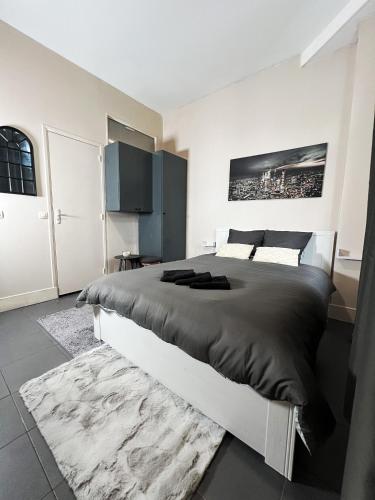 a bedroom with a large bed and a rug at Studio cosy Ermont in Ermont