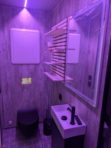 a purple bathroom with a sink and a toilet at Liten leilighet midt i sentrum in Stryn