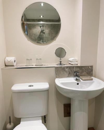 a bathroom with a toilet and a sink and a mirror at Dungavel Cottage in Roberton