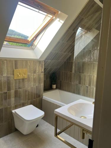 a bathroom with a toilet and a sink and a skylight at Lewis Lodge - Stunning & Exclusive Luxury Home in the Heart of Ballater, Royal Deeside in Ballater