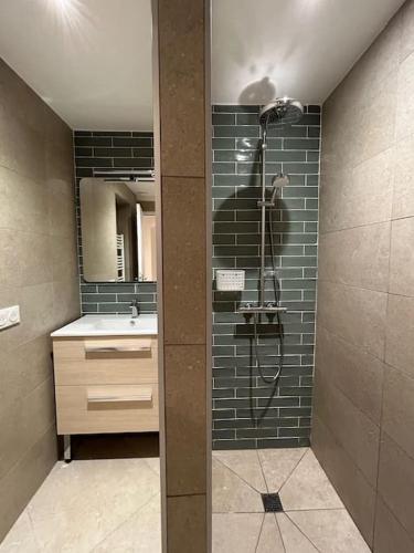 une salle de bain avec douche et lavabo dans l'établissement T3 avec jardin proche plage et ville, à Cavalaire-sur-Mer