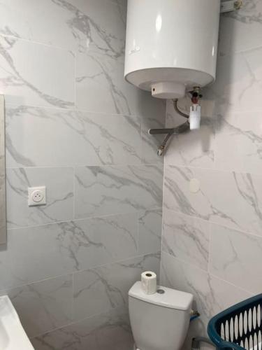 - une salle de bains blanche pourvue de toilettes et d'un réservoir d'eau dans l'établissement Studio, à Amélie-les-Bains-Palalda