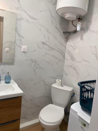 une salle de bain blanche avec des toilettes et un lavabo dans l'établissement Studio, à Amélie-les-Bains-Palalda