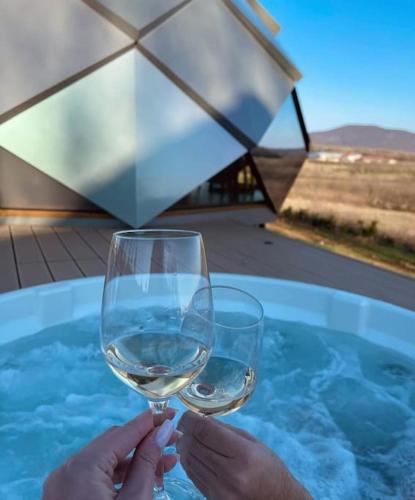 a person holding a glass of wine in a tub at Kosmaj Zomes in Rovače