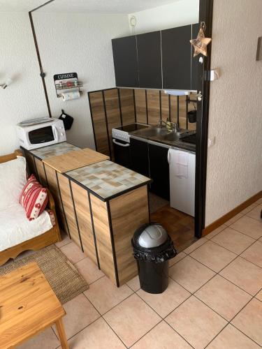 une petite cuisine avec un évier et un micro-ondes dans l'établissement Studio plein pied - Terrasse, à Saint-Jean-dʼAulps