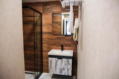 a bathroom with a sink and a mirror at Siwiss İnn Experess in Ankara
