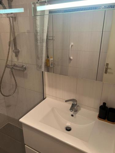 a bathroom with a sink and a shower with a mirror at Champion suites in Sarcelles