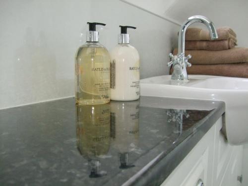 two bottles of soap sitting on a counter next to a sink at Links Lodge in Lossiemouth