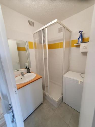 une salle de bain blanche avec un lavabo et une douche dans l'établissement Arriu 35, à Bielle