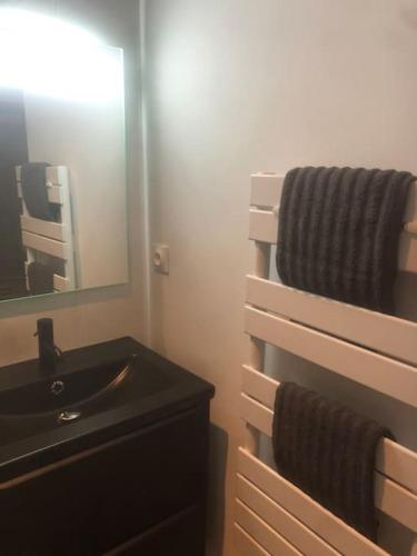 une salle de bain avec un lavabo, un miroir et des serviettes dans l'établissement Élégant Studio avec Sauna Hyper centre, à Saint-Dizier