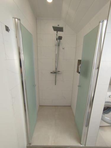 a bathroom with a shower stall and a toilet at Appartement Design - Glauburg in Glauburg