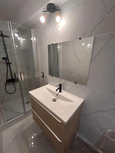 a white bathroom with a sink and a shower at La suite secrète et son spa abrité in Nancy