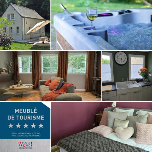un collage de photos d'un salon et d'une maison dans l'établissement Villa Trianon Gîte 5 étoiles avec spa privé forêt Villandry, à Villandry