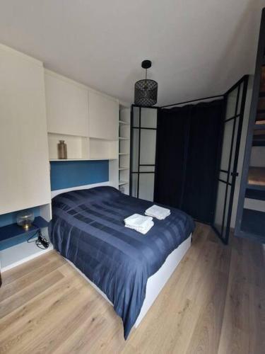 a bedroom with a blue bed with towels on it at Le charmant, Hyper Centre Angers in Angers
