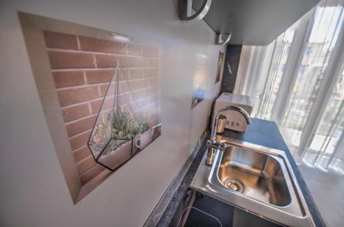 キアーヴァリにある243b - Appartamento Mignon - Sara Home Chiavari, 200metri dal Mareの壁に鉢植えが置かれたキッチンシンク