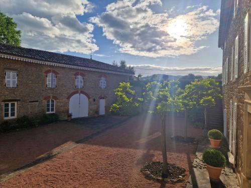 une cour d'un bâtiment en briques avec un arbre dans l'établissement DOMAINE DES FRANCHISES - Beaujolais Village - Charme et authenticité au cœur des Pierres dorées, à Denicé