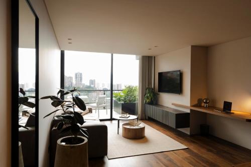 a living room with a potted plant and a large window at Kiin Living- "Child-free coliving" in Medellín