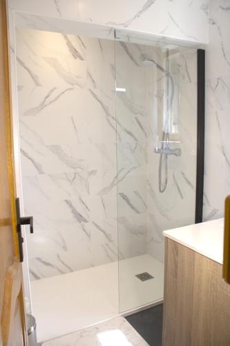 une douche avec une porte vitrée dans une salle de bain dans l'établissement Les Petits Champs, à Annecy