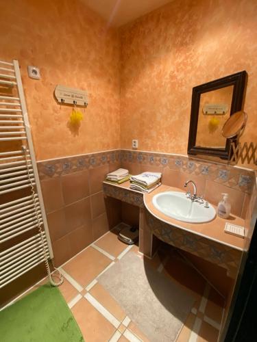 a bathroom with a sink and a shower at Apartmán Dům U Koulí in Prameny