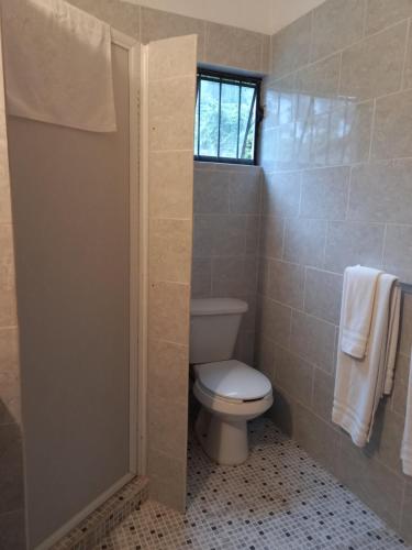 a bathroom with a toilet and a window at Toca Madera in Chapala