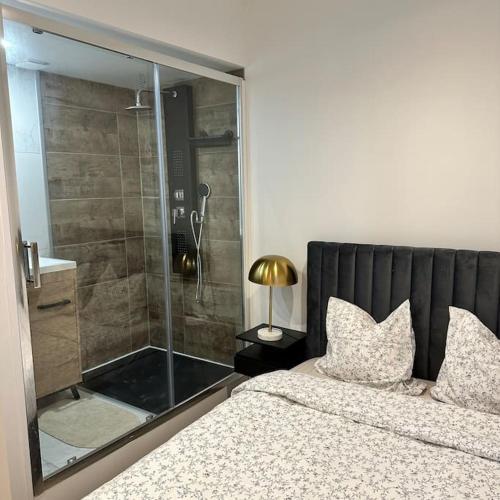 - une chambre dotée d'une douche en verre avec un lit et une lampe dans l'établissement Joli appartement neuf au centre de Rennes, à Rennes