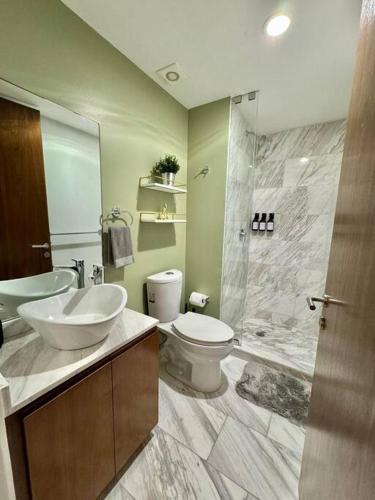 a bathroom with a sink and a toilet and a shower at Mili & Mila Depto con Alberca y Gym en el corazón de Condesa y Roma in Mexico City