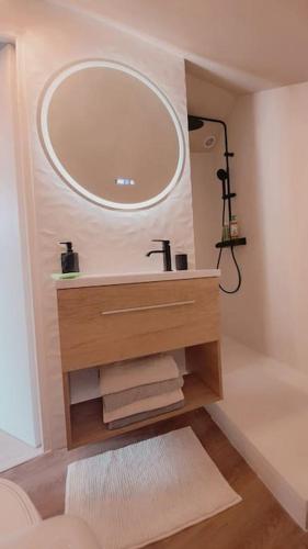 une salle de bain avec un lavabo et un miroir dans l'établissement Studio NOTRE-DAME 3 cœur de ville, à Cholet