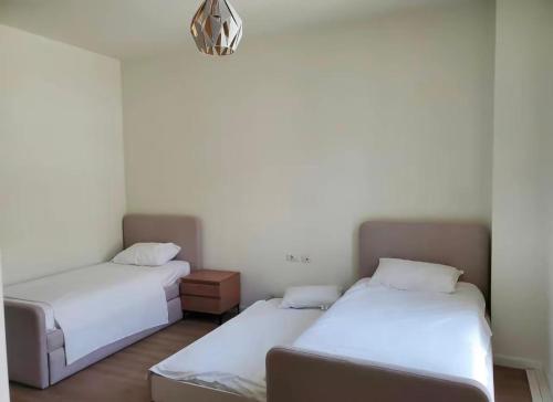 德尔米Green coast villa136 Palase的一间设有两张床的客房,墙上有一盏灯