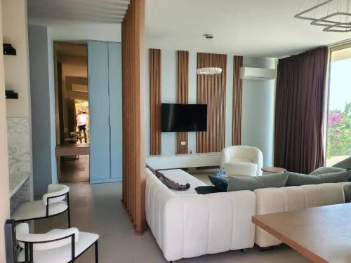 德尔米Green coast villa136 Palase的客厅里有一张白色的沙发和椅子