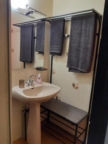 une salle de bain avec un lavabo, un miroir et des serviettes dans l'établissement Maison au Pays Basque, calme avec vue imprenable sur montagnes, à Irouléguy