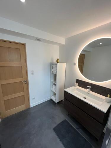 ein Badezimmer mit Waschbecken und Spiegel in der Unterkunft Maison contemporaine proche de Lille in Saint-André