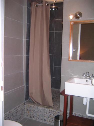 une salle de bain avec un rideau de douche et un lavabo dans l'établissement Maison de campagne au bord de la mer, à Fort-Mahon-Plage