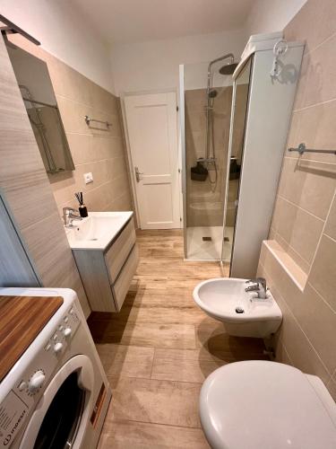 a bathroom with a toilet and a sink and a washing machine at Casa di Chiara Andalo Centro in Andalo