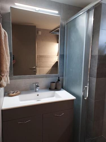 アテネにあるSunny studio near metroの洗面台と鏡付きシャワーを備えたバスルーム