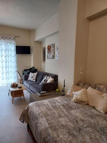 アテネにあるSunny studio near metroの大きなベッドとソファのある寝室