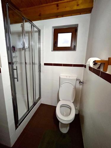 a bathroom with a toilet and a glass shower at The Great Escape in Dejani