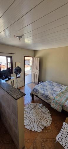 a bedroom with a bed and a desk and a television at Kitnet em ambiente familiar in São Pedro da Aldeia
