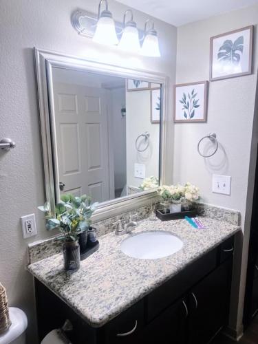 a bathroom with a sink and a large mirror at Vibrant Oasis in the Heart of Midtown & Downtown in Houston