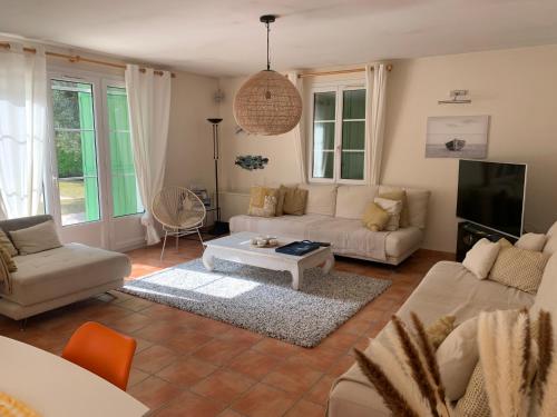 un salon avec un canapé et une table dans l'établissement Le pin maritime, à Ars-en-Ré