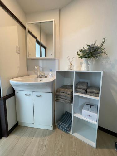 a bathroom with a sink and a mirror at Slowhouse HAYAMA in Hayama