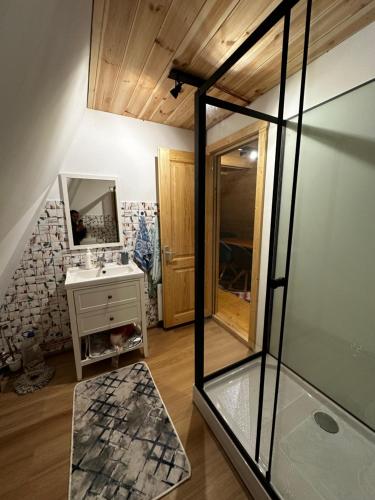 a bathroom with a sink and a mirror at CabanA mică Comandău in Comandău