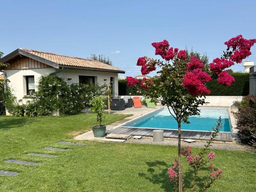 une maison avec une piscine et un arbre aux fleurs roses dans l'établissement Studio vue piscine au calme près des vignes, à Pessac