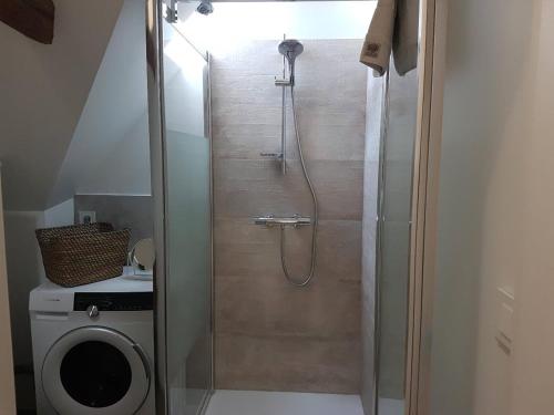 une douche avec une porte vitrée dans une salle de bain dans l'établissement évasion entre mer et marais, à Batz-sur-Mer